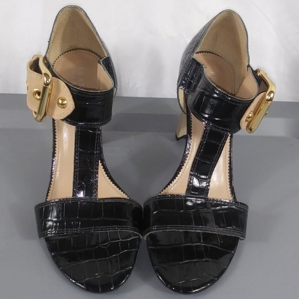 Franko Sarto Women's black/beige Open Toe Buckle Strap Heel Shoes size 8.5m - Picture 6 of 9